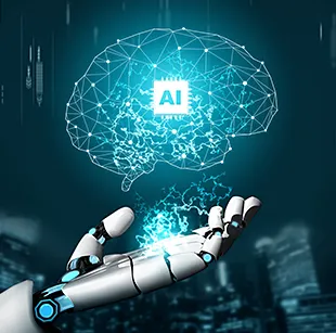 Digitales Gehirn mit KI-Symbol über einer Roboterhand