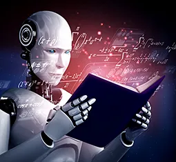 Humanoider Roboter liest in einem Buch