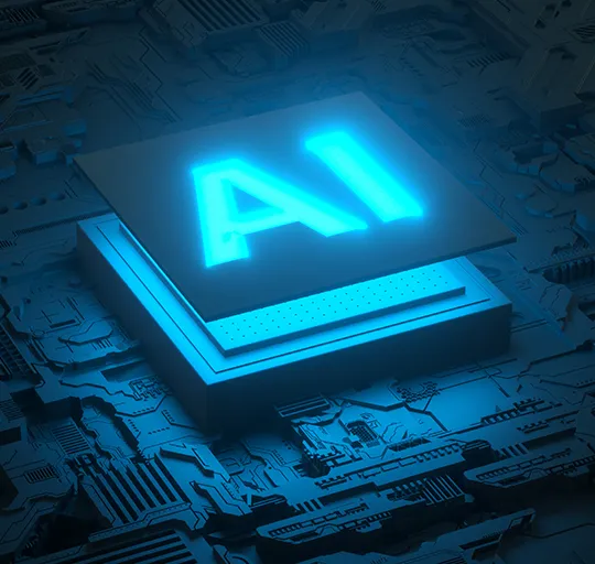 KI-Chip mit leuchtendem AI-Schriftzug auf einer Platine
