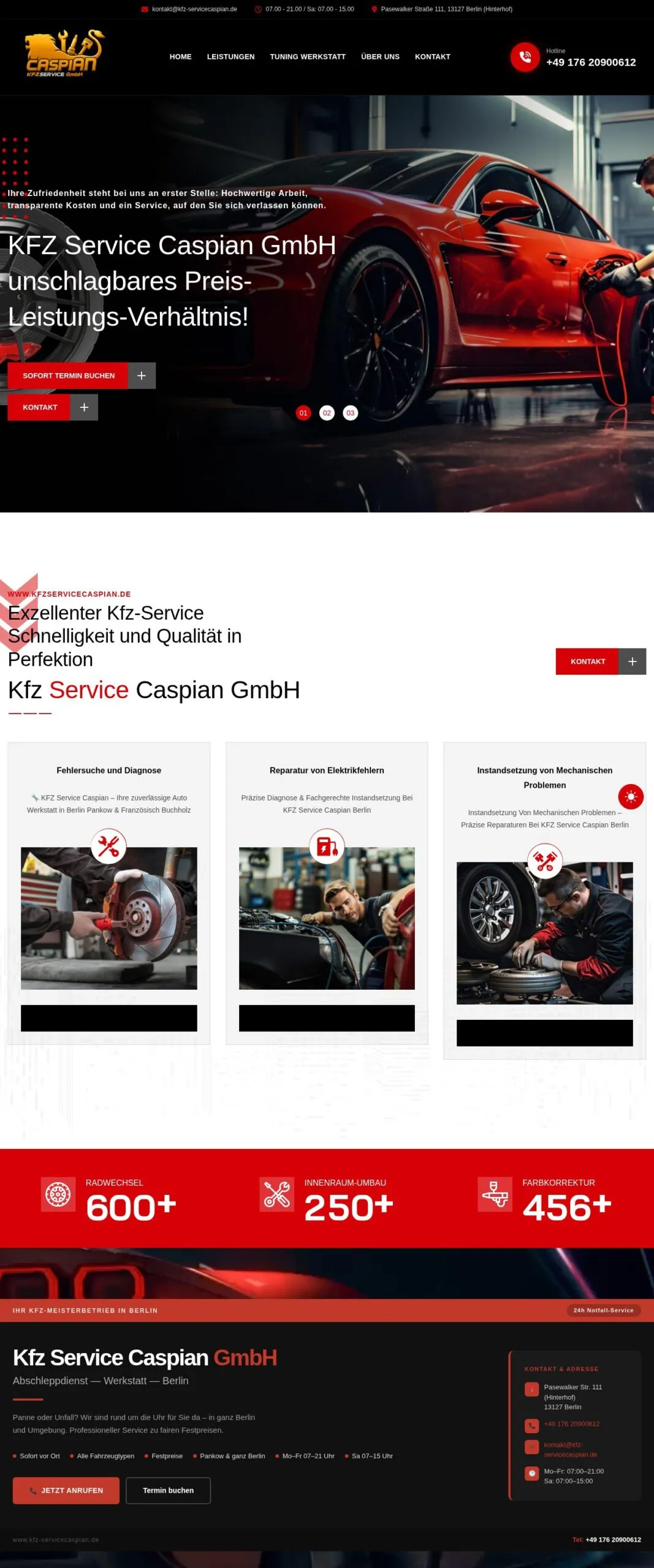 Startseite der Website Kfz Service Caspian – Referenzprojekt von Atomicoweb