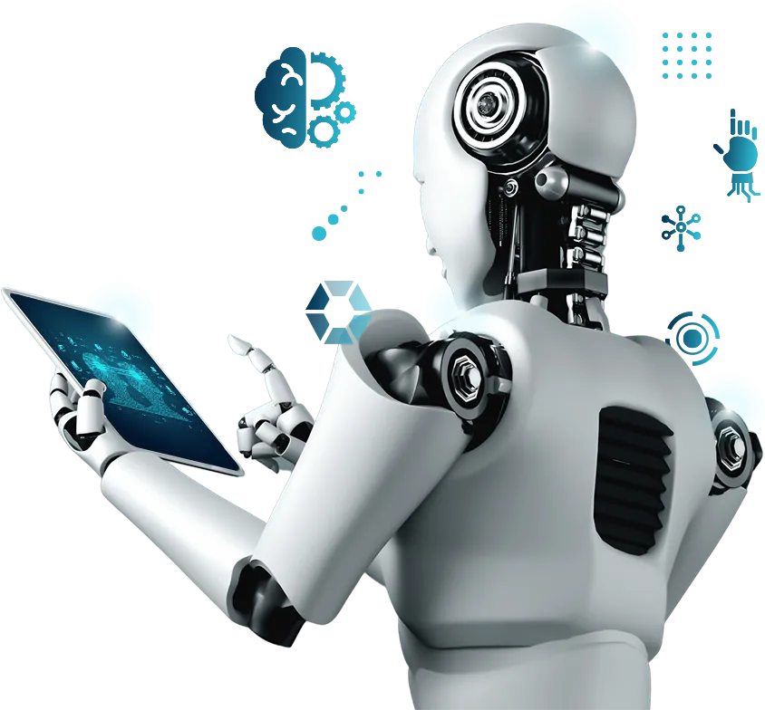 Humanoider Roboter bedient ein Tablet, umgeben von KI-Symbolen