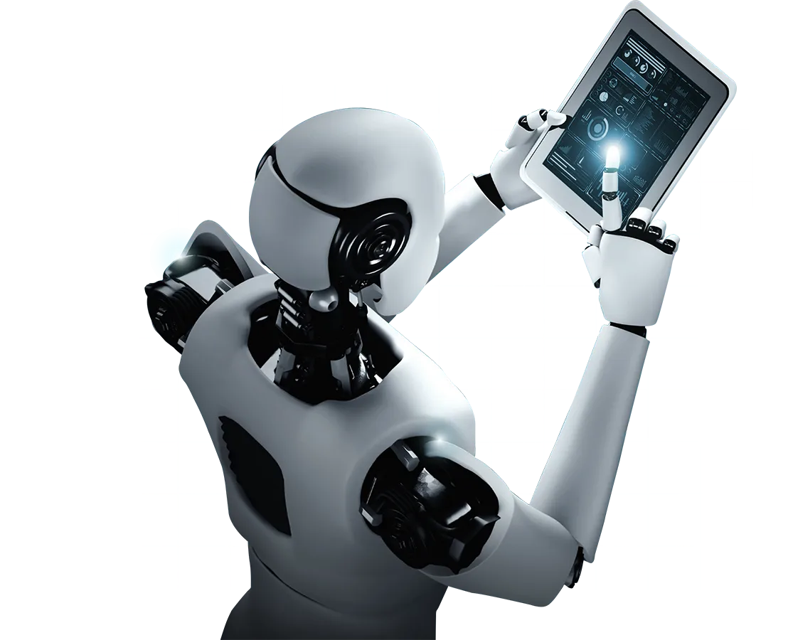 Humanoider Roboter mit Tablet vor digitalem Raster